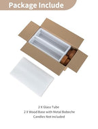 NUPTIO Dripless Taper Candle Holders with Wax Catchers for Easy Cleaning: Set of 2 Hurricane Glass Candlestick Holders with Metal Bobeches - Brown Wood Modern Wedding Table Centerpiece - color: Caramel