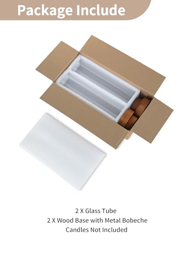 NUPTIO Dripless Taper Candle Holders with Wax Catchers for Easy Cleaning: Set of 2 Hurricane Glass Candlestick Holders with Metal Bobeches - Brown Wood Modern Wedding Table Centerpiece - color: Caramel