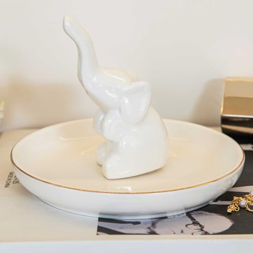 Elephant Ring Holder Dish, Ceramic Jewelry Tray Trinket Dish for Necklace Keychain Organizer, Cute Funny Birthday Wedding Mothers Day Gift for Women Friends Girls - style: White Elephant