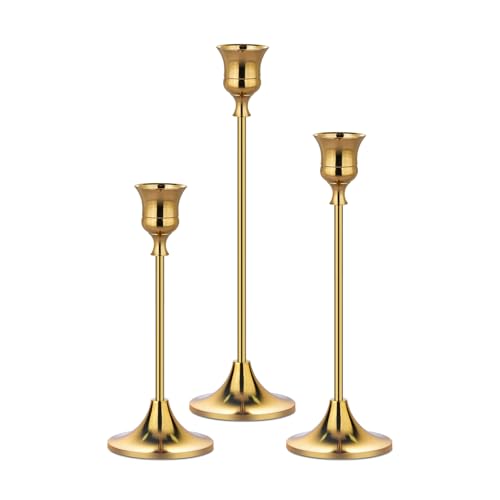 Metal Candle Holders for Candlesticks Taper Candlestick Holders Set Vintage Decorative Centerpiece Candelabra Tall Candle Stands (Gold, 1 Set (3 pcs)) - color: Gold, size: 1 Set (3 pcs)