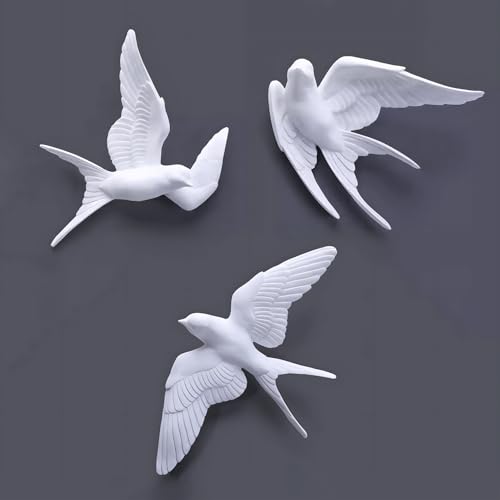 3 Pcs Swallows Bird Wall Sculpture, 3D White Birds Sparrows Swallows Decor, Outdoor/Indoor Peace Peace Dove Bird Figurines for Home, Garden and Patio (White)