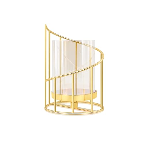 Gold Hurricane Candle Holder, Gold Glass Pillar Candle Holders with Clear Glass Sleeve - Elegant Centerpiece for Weddings, Dinners, Party Decor - color: Gold-15.5cm