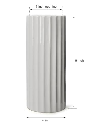 GeLive Glazed White Ceramic Vase Ribbed Straight Cylinder Minimalist Waterproof Flower Vase, Home Decor Centerpiece for Fresh Bud Artificial Dried Flowers 9 Inch Height - style: Straight Cylinder