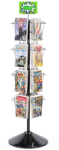 Displays2go 59" Tall Metal Wire Rotating Magazine Rack with 16 Pocket and Sign Holder - Black (WSFM416PB)