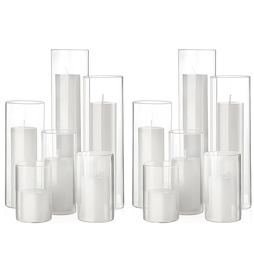 Shihanee Set of 12 Pillar Candles and Glass Cylinder Vases Assorted Sizes Cylinder Holders for Pillar Candles Home Table Centerpieces Wedding Party Decorations (White) - color: White