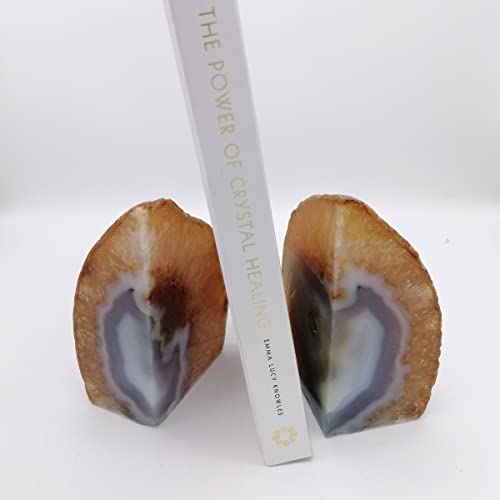 Natural Agate Geode Bookends Pair - 2-3 lbs Heavy Duty Small Crystal Bookends for Shelves | Non-Slip Decorative Book Ends for Heavy Books | Home Office Decor - color: Nature, size: 2-3LBS