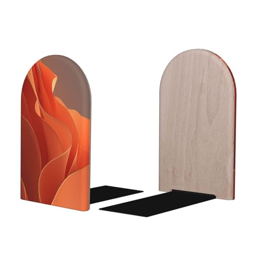 Deep Orange Abstract Waves Gold Foil Luxury Bookends for Shelves 2 Pcs Wooden Book Stopper Organizer for Home Office Libraries