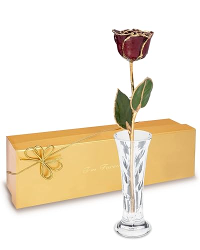 Forever Rose Hand-Dipped in 24K Gold, Garnet-Inspired January Birthstone with Sparkles, Real Rose in Luxury Gold Gift Box & Glass Vase – Perfect Ready to Gift for January Birthday or Any Occasion - color: January Garnet