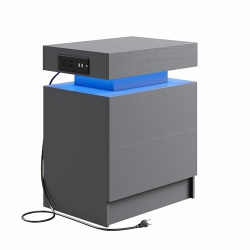 LIKIMIO Night Stand with Charging Station, Modern Grey Nightstand with LED Light and Drawers, Bedside Tables/End Table for Bedroom - color: Grey