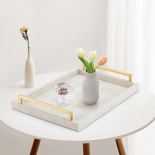 XIGEXIGE Ivory Shagreen Decorative Tray Large Rectangle Coffee Table Tray for Ottoman Faux Leather Serving Tray with Brushed Gold Handles - color: Ivory, size: 17" x 12" x 2.5"