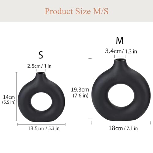 Black Ceramic Donut Vase Set of 2, Hollow Round Matte Pampas Flower Vases for Boho Home Wedding Party Room Dinner Table Shelf Decor.（Black） - color: Black, size: Donut Set of 2