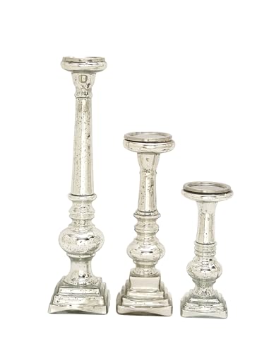 Deco 79 Glass Handmade Decorative Candle Holder Turned Style Pillar Candle Stand, Set of 3 Candlestick Holder 11", 15", 21"H, Silver