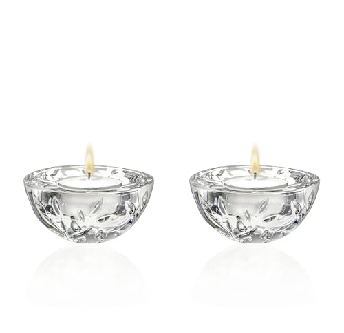 Barski Glass Tea Light Candle Holder - Set of 2 - for Wedding - Holidy Party Decoration - Round Bottom Will Create a Rocking Effect - Horizontal Lines Design - 3.5" Diameter - Made in Europe