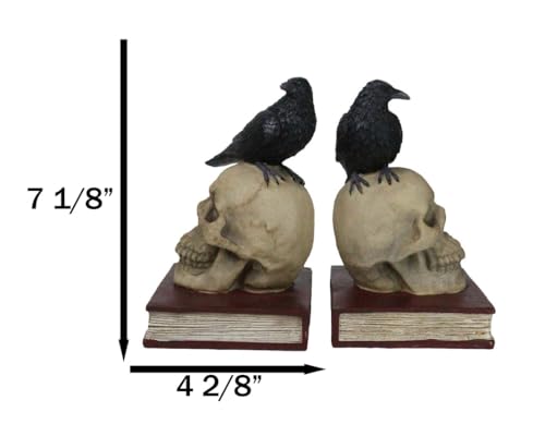 Ebros Edgar Allan Poe Harbinger of Doom and Bad Omens Raven Crow Perching On Skull with Ancient Book Pair of Bookends Statue 7.5" Tall Bibliography Gothic Macabre Ossuary Figurine As Halloween Decor