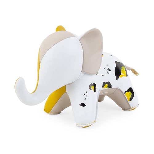 Bookend Elephant Abby Fresh Awaken, Leather Bookends for Shelves, Handmade Animal Home Decor, Zuny Series, White+Yellow Leopard+Ochre Yellow - color: Elephant Abby Yellow
