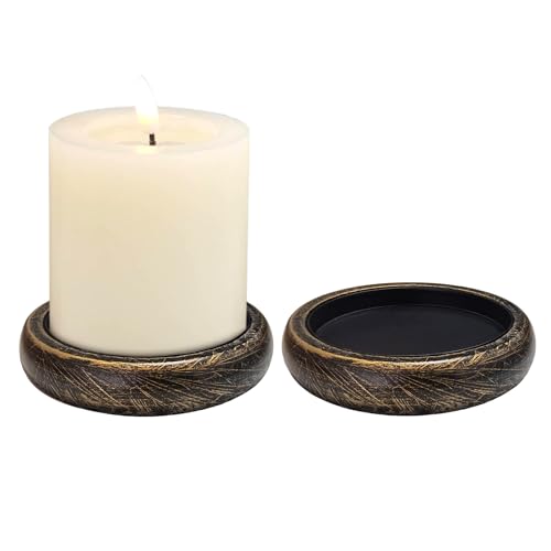 Candle Holder for Pillar Candle Set of 2, Farmhouse Wood Candle Plate, Rustic Wooden Candle Stand, Candles Tray Decorative for Living Room, Table Centerpiece, Black Gold - color: Black Gold, size: Set of 2