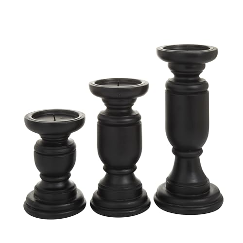 Deco 79 Mango Wood Decorative Candle Holder Turned Style Pillar Candle Stand, Set of 3 Candlestick Holder 10', 8', 6'H, Black - color: Black, size: 3 PIECES SMALL SIZE