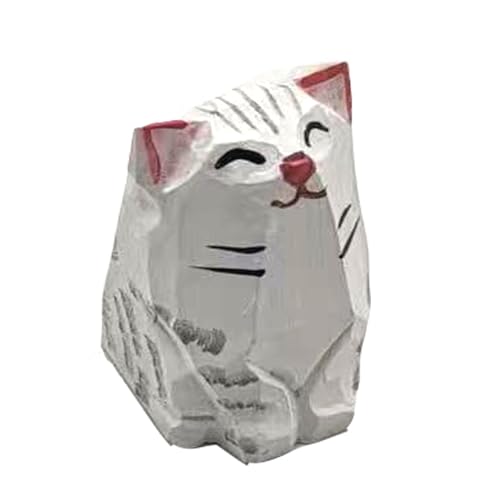 Wooden Cat Figurines Sculpture Statue Lovely Small Carved Orange Cat Statue Handmade Wood Kitten Art Carving Work for Home Office Decoration (White Cat) - color: White Cat