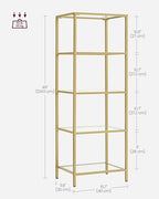 VASAGLE Bookcase, 5-Tier Bookshelf, Slim Shelving Unit for Bedroom, Bathroom, Home Office, Tempered Glass, Steel Frame, Metallic Gold ULGT029A01 - color: Metallic Gold, size: 5 Tiers (15.7"W x 49"H)