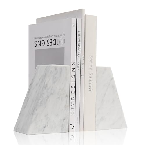 Luxury Marble Bookends for Shelves, 11LB Heavy Duty Marble Book Ends for Heavy Books, Stone Bookends Decorative, Polished, Carrara White Triangular, Set of 2 - color: Carrara White, size: 3.9×3×6 Inch