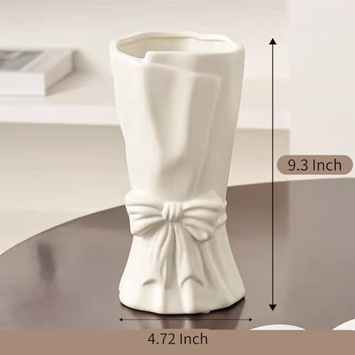 White Flower Vase for Home Decor, White Ceramic Vases for Boho Style, Bow Decor, 9.3 Inch Flower Vases for Bouquet, Large Vase for Ideal Shelf Decor/Table. (Large) - color: Pure White