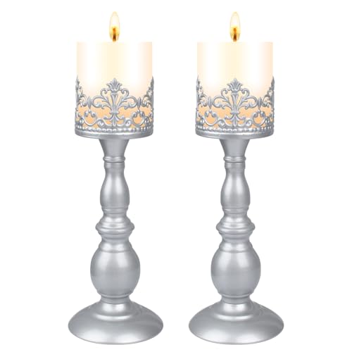 Candle Holders for Pillar Candles Gothic Matte Pearl Silver Tall Candle Holders Set of 2 Decorative Large Table Centerpieces Candle Stand Decor (Pearl Silver 2PCS A) - color: Pearl Silver 2pcs a