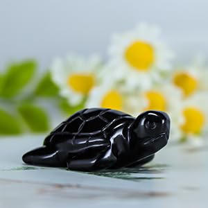 Artistone 2" Gemstone Sea Turtle Figurine, Hand Carved Natural Crystal Healing Animal Hawksbill Sculpture Paperweight Home Office Decor (Black Obsidian) - color: Black Obsidian