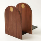 Black Walnut Wood Bookends for Shelves, 1 Pair (2 Pieces) Heavy Duty Solid Wood Book Ends with Embedded Metal Emblem, Decorative Book Supports for Home & Office