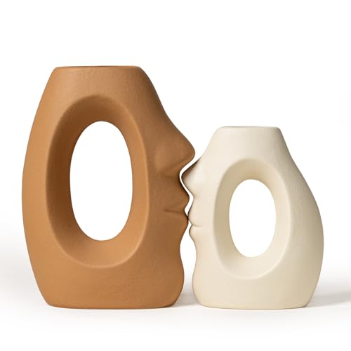Beige & Brown Ceramic Vases for Home Decor, Modern Abstract Face Vase Set of 2, Unique Boho Flower Vases for Living Room, Office, Entryway, Wedding for Couple, Home Gifts for Friends - color: Art in the Kiss