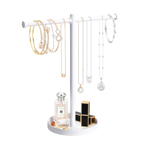 bodkar Jewelry Necklace Organizer Stand,12.9" Tall Sturdy Metal Jewelry Stand with Round Tray for Bracelet Bangles Holder Display,Long Necklace Organizer Holder (white) - color: White