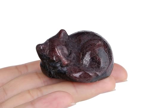 LAIDANLA Garnet Cat Healing Crystals Figurine Sleeping Cat Hand Carved Cute Statue Polished Stone Sculpture Reiki Office Room Bedroom Desk Home Decoration Gifts 1.6" - color: J-garnet