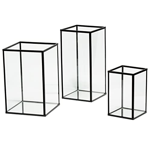 yshengood Large Glass Hurricane Candle Holder Set of 3 PCS, Black Frame and Glass Hurricane Candleholders - size: 3-Piece Set (3 Large)