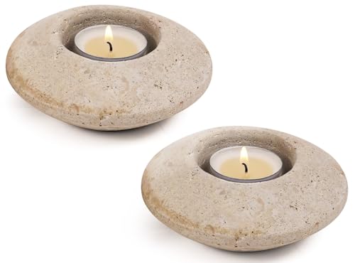 Tealight Candle Holders Set of 2 – Handcrafted Natural Marble Tea Light & Votive Holders, Decorative Stone Candle Holder Pair for Home Décor, Dining Table, Coffee Table & Wedding Decor - color: Travertine, size: 4" Inches