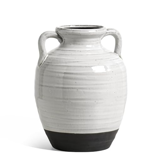 Large White Ceramic Vase, 9.5 Inch Farmhouse Flower Vase with Handles - Rustic Home Decor for Living Room, Table, Mantel, Wedding Centerpiece (Aurora White) - color: Aurora White-9.5"