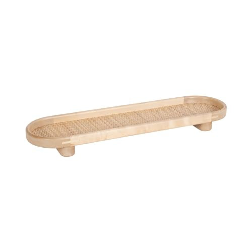 Kate and Laurel Planche Decorative Capsule Woven Tray with Solid Wood Frame; 27 x 8; Natural Brown; Modern Slim Wood Rectangle Serving Tray for Living Room - color: Natural