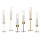 Garvee Gold Hurricane Candle Holders Set of 6, Taper Candlestick Holders with Ribbed Glass Cylinder Sleeves, Elegant Table Centerpiece for Wedding, Birthday, Christmas, Home Decor - size: 6