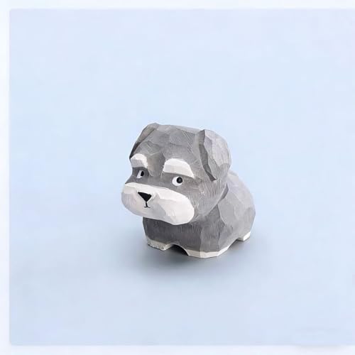 Hand-Carved Wooden Salt and Pepper Schnauzer Figurine – Mini Cute Dog Statue with Round Wooden Base for Desk & Home Decor, Car Dashboard Decoration, Unique Handmade Gift for Dog Lovers - color: Salt and Pepper Schnauzer