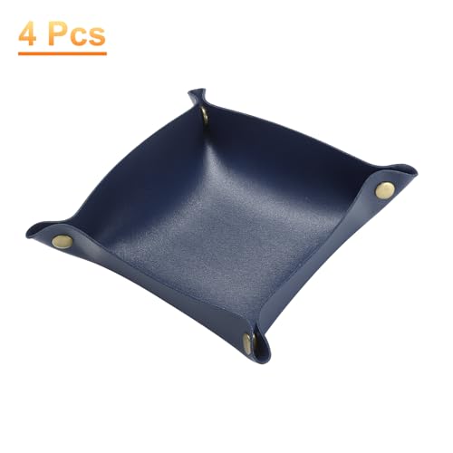 HARFINGTON 4pcs PU Leather Valet Tray Unisex Folding Small Catchall Tray Portable Entryway Table Tray Nightstand Bedside Desk Tray for Key Wallet Watch Coin Jewelry Dice, Dark Blue - color: Dark Blue