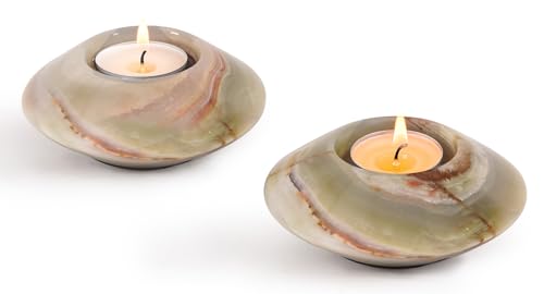 Tealight Candle Holders Set of 2 – Handcrafted Natural Marble Tea Light & Votive Holders, Decorative Stone Candle Holder Pair for Home Décor, Dining Table, Coffee Table & Wedding Decor - color: Green, size: 4" Inches