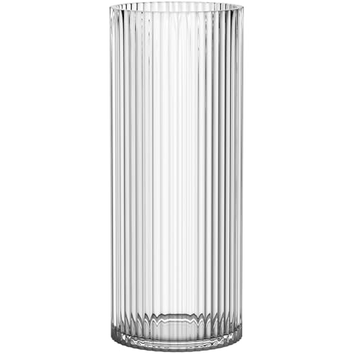 Clear Glass Vase, Glass Flower Vase, Ribbed Glass Vase, Clear Vase, Tall Cylinder Glass Vases for Centerpieces, Living Room, Dining Table, Office, Wedding, Bookshelf Decoration, 12 Inches - color: Clear, size: 12''