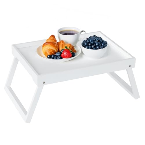 Bamboo Bed Tray Table with Folding Leg, Breakfast in Bed Tray for Eating,Kitchen Serving, Food, Sofa, Snacking or Working, Laptop Desk Dinner(1, White) - color: White