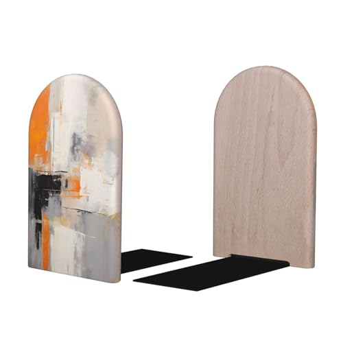 Decorative Bookends 2 Pcs Orange Gray Art Painting Wood Bookends for Shelves Heavy Books Kids Non-Skid Book Ends Stoppers for Office Desk Kitchen School - color: Orange Gray Art Painting