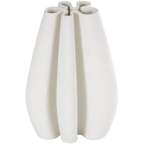 Deco 79 Ceramic Abstract Decorative Vase Ribbed Dimensional Concaved Centerpiece Vase with Floral Shaped Rim, Flower Vase for Home Decoration 6" x 5" x 9", White - color: White, size: 6" x 5" x 9"