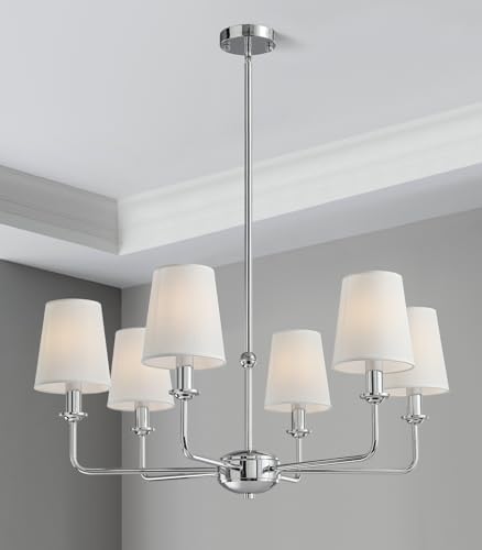 Modern 6 Light Chrome Chandelier with White Fabric Shades Elegant Ceiling Light,Farmhouse & Industrial Pendant Chandelier for Dining Room Living Room Bedroom,E12 Base - color: Chrome