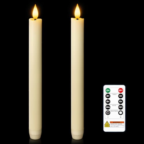 Homemory 2 Pcs Real Wax Made Flameless Taper Candles with Remote and Timer, 9.6" Ivory Battery Operated Candle Stick Flickering, Led Taper Candles with Lifelike Flame for Indoor Home Decor - style: Modern - Ivory 9.6"