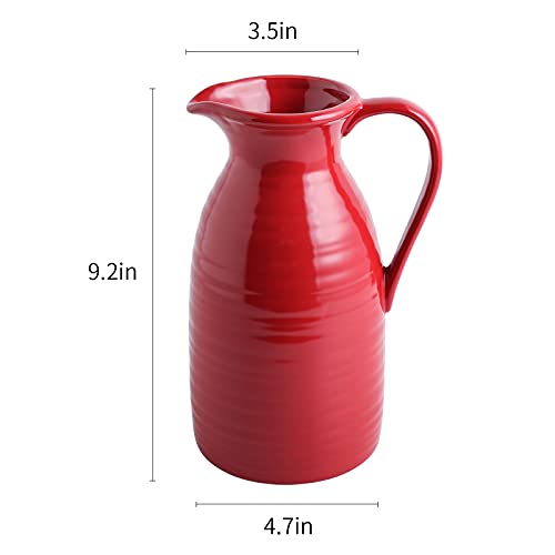 hjn hjn Farmhouse Pitcher Vase for Flowers- Ceramic Pitcher Vase Red Decorative Pitcher for Your Kitchen/Home Decor/Office/Living Room/Bookshelf/Mantel/-Red - color: Red - Pitcher Vase