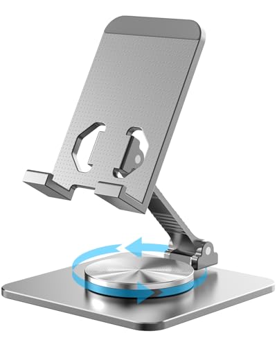 Cell Phone & Tablet Stand for Desk, Aluminum Adjustable Holder for iPhone, iPad & Smartphones || Foldable Mount with 360° Swivel, Stable Base & Portable Design for 4–9.7in Devices, Grey - color: Grey