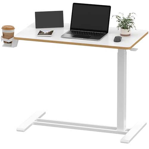 SANODESK Medical Adjustable Overbed Bedside Table with Hidden Casters, Pneumatic Mobile Laptop Computer Standing Desk Cart with Tray, Hospital and Home Use(31.5" W x 17.7" D, White) - color: White, size: Large