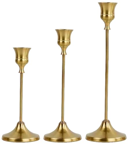 Gold Candlestick Holders, Gold Taper Candle Holders, Set of 3 Candle Stick Holders Set, Vintage Modern Decorative Centerpiece for Table Fireplace Mantel Wedding Party Dinning Housewarming Gift