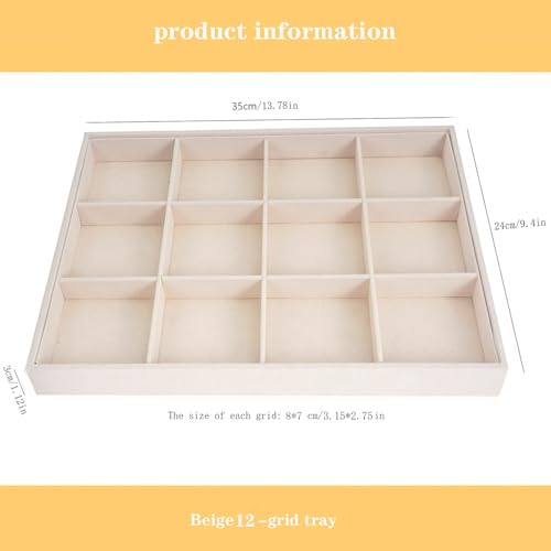 Large Velvet Jewelry Tray, Drawer Organizer for Jewelry in Dresser, Stackable Jewelry Drawer Organizer Inserts for Earring Necklace Bracelet Rings(Beige,12grid) - color: Beige, size: 12grid